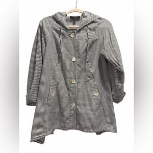 Elegant Blue & White Striped Linen Blend Hooded Jacket